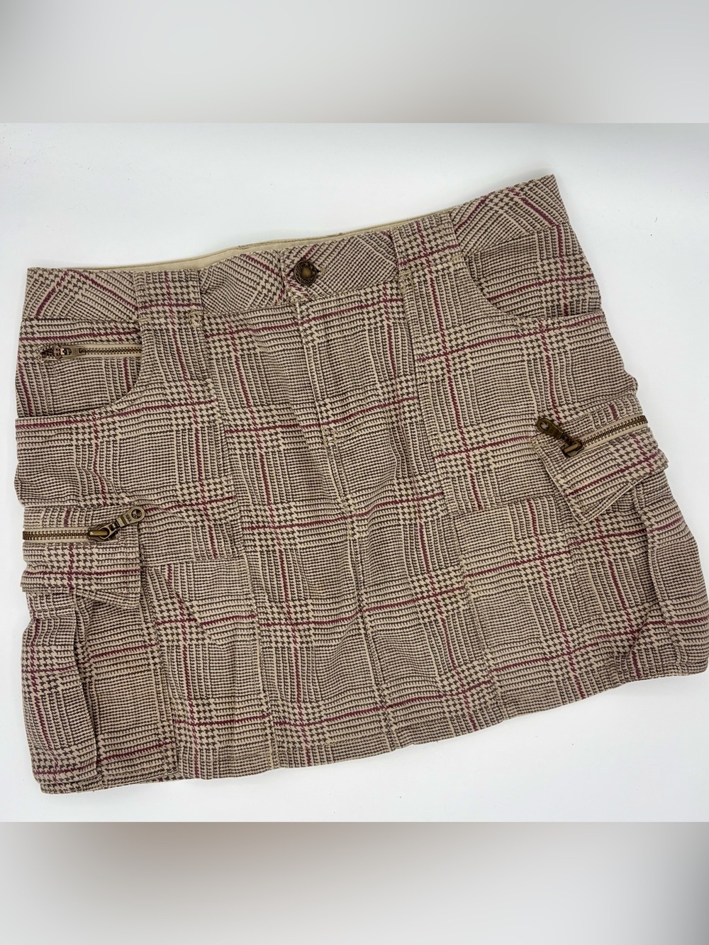 VINTAGE FREE PEOPLE Cargo Mini Skirt Plaid Tan Pockets Zippers Y2K Low Rise